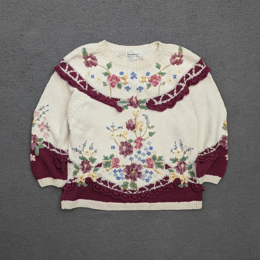 Vintage 80s Jennifer Reed Hand Knit Floral Sweater M Cottagecore Ramie Cotton